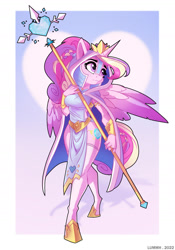 Size: 1280x1826 | Tagged: safe, artist:lummh, imported from derpibooru, princess cadance, alicorn, anthro, unguligrade anthro, abstract background, cloak, cloaked, clothes, crystal heart, crystal princess, female, g4, heart, holiday, hooves, ponytail, priestess, princess of love, solo, solo female, staff, valentine's day