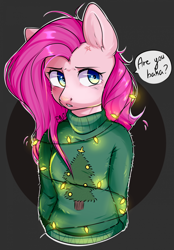 Size: 1920x2757 | Tagged: safe, artist:pledus, imported from derpibooru, pinkie pie, anthro, earth pony, abstract background, baka, bondage, christmas, christmas lights, clothes, cross-popping veins, dialogue, female, holiday, pinkamena diane pie, suspended, sweater, tsundemena pie, tsundere