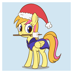 Size: 1650x1650 | Tagged: safe, artist:sazanamibd, imported from derpibooru, oc, oc only, pegasus, pony, christmas, clothes, female, food, hat, holiday, mare, marshmallow, pegasus oc, santa hat, simple background, solo, stick