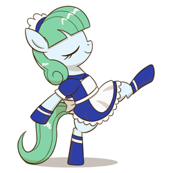 Size: 1650x1650 | Tagged: safe, artist:sazanamibd, imported from derpibooru, oc, oc only, oc:persephone, earth pony, pony, bipedal, clothes, cute, dress, earth pony oc, eyes closed, female, maid, maid headdress, mare, ocbetes, ponyvania, ponyvania: order of equestria, side view, simple background, solo, walking, white background