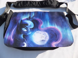 Size: 4608x3456 | Tagged: safe, imported from derpibooru, princess luna, bag, computer, irl, laptop computer, messenger bag, photo, solo, toy