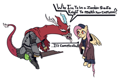 Size: 4026x2615 | Tagged: safe, anonymous artist, imported from derpibooru, discord, fluttershy, draconequus, pegasus, pony, armor, cape, clothes, costume, dark souls, dark souls 3, dialogue, discord is not amused, dress, duo, female, frown, high res, looking at each other, looking at someone, mare, open mouth, simple background, slave knight gael, spread wings, sword, talking, transparent background, unamused, weapon, wings