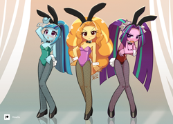 Size: 1392x1000 | Tagged: safe, artist:howxu, imported from derpibooru, adagio dazzle, aria blaze, sonata dusk, equestria girls, bare shoulders, blushing, bowtie, breasts, bunny ears, bunny suit, busty adagio dazzle, busty sonata dusk, cleavage, clothes, cuffs (clothes), embarrassed, female, fishnets, high heels, leotard, looking at you, open mouth, shoes, sleeveless, strapless, the dazzlings, trio, trio female