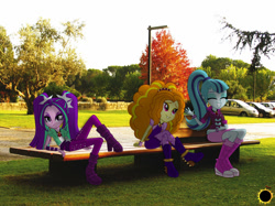 Size: 1050x787 | Tagged: safe, artist:zombielandundead, imported from derpibooru, adagio dazzle, aria blaze, sonata dusk, equestria girls, 2015, bench, equestria girls in real life, irl, photo, sitting, the dazzlings, trio