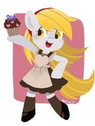 Size: 1536x2048 | Tagged: safe, artist:efuji_d, imported from derpibooru, derpy hooves, pegasus, pony, apron, bipedal, clothes, cute, derpabetes, dress, female, food, hoof on hip, mare, muffin, open mouth, open smile, shoes, smiling, socks, solo, that pony sure does love muffins