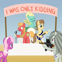 Size: 1024x1024 | Tagged: safe, artist:sazanamibd, imported from derpibooru, big macintosh, caramel, cheerilee, marble pie, zephyr breeze, earth pony, pegasus, pony, ak-47, angry, assault rifle, bipedal, butt, cheerilee is not amused, cheerincel, dexterous hooves, drums, electric guitar, eyes closed, female, freckles, gritted teeth, guitar, gun, heartbroken marble, hoof hold, implied cheerimac, implied marblemac, implied shipping, incel, incelpie, just kidding, looking at someone, male, marble pie is not amused, marblebutt, mare, marecel, microphone, musical instrument, open mouth, plot, raised hoof, rifle, song reference, stage, stallion, this will end in death, this will end in tears, this will end in tears and/or death, unamused, weapon, weird al yankovic, wide eyes