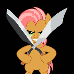 Size: 1024x1024 | Tagged: safe, artist:sazanamibd, imported from derpibooru, babs seed, earth pony, pony, bipedal, black background, clock tower (video game), female, filly, foal, grin, gritted teeth, looking at you, mohel, scissors, simple background, smiling, solo