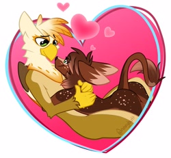 Size: 4096x3785 | Tagged: safe, artist:noxy, imported from derpibooru, oc, oc only, oc:cocoa (gindo), oc:ember burd, griffon, beak, butt, eared griffon, gindo, griffon oc, heart, holiday, hug, plot, snuggling, tail, valentine's day, wholesome