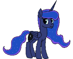 Size: 857x694 | Tagged: safe, artist:dyonys, imported from derpibooru, princess luna, alicorn, pony, animated, ethereal mane, februpony, looking at you, missing accessory, one eye closed, pixel art, simple background, smiling, solo, spread wings, standing, transparent background, wings, wink, winking at you