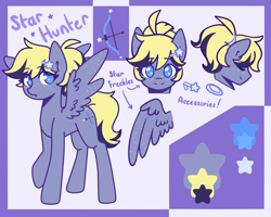 Size: 2500x2000 | Tagged: safe, artist:fuzzystarart, imported from derpibooru, oc, oc only, oc:star hunter, pegasus, pony, blue eyes, cutie mark, female, freckles, hairpin, mare, ponytail, reference sheet, smiling, solo, text, wings