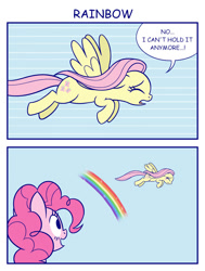 Size: 1024x1357 | Tagged: safe, artist:sazanamibd, imported from derpibooru, fluttershy, pinkie pie, earth pony, pegasus, pony, 2 panel comic, 2019, comic, duo, eyes closed, female, flying, implied urine, looking at something, mare, open mouth, rainbow, sparkles, speech bubble