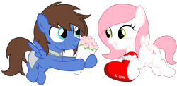 Size: 6430x3140 | Tagged: safe, artist:strategypony, imported from derpibooru, oc, oc only, oc:bizarre song, oc:sugar morning, pegasus, bouquet, bouquet of flowers, box of chocolates, colt, couple, cute, daaaaaaaaaaaw, duo, female, filly, flower, flying, foal, hearts and hooves day, hnnng, holiday, looking at you, male, oc x oc, ocbetes, pegasus oc, shipping, simple background, straight, sugarre, transparent background, valentine's day, wholesome