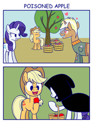 Size: 1024x1357 | Tagged: safe, artist:sazanamibd, imported from derpibooru, applejack, rarity, trenderhoof, earth pony, pony, unicorn, simple ways, 2 panel comic, apple, apple tree, basket, clothes, comic, drool, female, food, gritted teeth, heart, heart eyes, hood, implied death, jealous, looking at someone, looking at something, male, mare, open mouth, open smile, reference, smiling, snow white, snow white and the seven dwarfs, stallion, sweat, tree, trio, wingding eyes