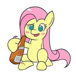 Size: 1000x1000 | Tagged: safe, artist:sazanamibd, imported from derpibooru, fluttershy, pegasus, pony, alcohol, blushing, bottle, confused, drink, drunk, drunkershy, female, front view, looking at you, mare, open mouth, simple background, sitting, solo, white background