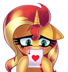Size: 3600x3800 | Tagged: safe, artist:opal_radiance, imported from derpibooru, sunset shimmer, pony, unicorn, equestria girls, blushing, card, commission, cute, heart, holiday, playing card, poker, shimmerbetes, simple background, solo, transparent background, valentine's day, ych result