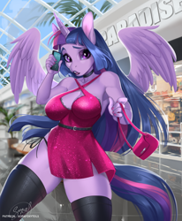 Size: 1000x1211 | Tagged: safe, artist:sorafoxyteils, imported from derpibooru, twilight sparkle, alicorn, anthro, beautiful, beautisexy, belt, big breasts, black lipstick, breasts, busty twilight sparkle, cellphone, choker, cleavage, clothes, curvy, detailed background, dress, eyeshadow, female, frilly, hourglass figure, lips, lipstick, long mane, makeup, minidress, nail polish, panties, phone, purse, sexy, short dress, side knot underwear, side slit, skimpy outfit, smartphone, socks, solo, sparkly dress, spread wings, stupid sexy twilight, thigh highs, thighs, thong, total sideslit, twilight sparkle (alicorn), underwear, wide hips, wings, zettai ryouiki
