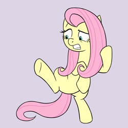 Size: 1900x1900 | Tagged: safe, artist:sazanamibd, imported from derpibooru, fluttershy, pegasus, pony, bipedal, female, gritted teeth, looking at something, mare, pink background, scared, shrunken pupils, simple background, solo