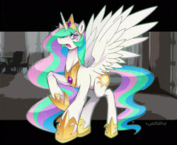 Size: 1800x1473 | Tagged: safe, artist:tyuubatu, imported from derpibooru, princess celestia, alicorn, pony, crown, female, hoof shoes, jewelry, mare, open mouth, raised leg, regalia, solo, spread wings, wings, worried