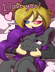 Size: 2550x3300 | Tagged: safe, artist:eisky, imported from derpibooru, oc, oc:eis, oc:fritzy, human, pegasus, pony, blushing, cheek squish, fangs, heart, holiday, human on pony snuggling, looking down, looking up, lying down, on back, pillow, shipping, simple background, smiling, snuggling, squishy cheeks, valentine's day