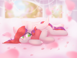 Size: 3200x2400 | Tagged: safe, artist:babiiclouds, imported from derpibooru, oc, oc only, oc:evening prose, pegasus, pony, female, flower petals, freckles, jewelry, lying down, mare, necklace, pearl necklace, solo