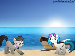 Size: 1600x1200 | Tagged: safe, artist:zombielandundead, imported from derpibooru, dj pon-3, octavia melody, vinyl scratch, earth pony, pony, unicorn, 2014, beach, boat, duo, female, irl, mare, ocean, photo, ponies in real life, water