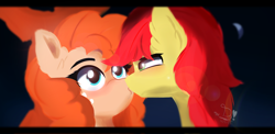 Size: 2220x1080 | Tagged: safe, artist:diamondgreenanimat0, imported from derpibooru, bright mac, pear butter, earth pony, pony, 2022, blue background, blue eyes, blushing, dark background, freckles, green eyes, holiday, kissing, love, moon, orange hair, red hair, seduction, simple background, surprised face, tree, valentine's day