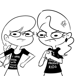 Size: 1440x1440 | Tagged: safe, artist:tjpones, imported from derpibooru, diamond tiara, silver spoon, human, black and white, clothes, dexter's laboratory, duo, female, grayscale, humanized, monochrome, shirt, simple background, text on clothing, text on shirt, white background