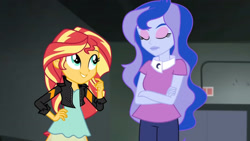 Size: 3410x1920 | Tagged: safe, imported from derpibooru, screencap, princess luna, sunset shimmer, equestria girls, friendship games, clothes, crossed arms, duo, duo female, eyes closed, female, hand on hip, high res, jacket, leather, leather jacket, smiling, vice principal luna