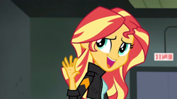 Size: 3410x1920 | Tagged: safe, imported from derpibooru, screencap, sunset shimmer, equestria girls, friendship games, clothes, female, high res, jacket, leather, leather jacket, open mouth, open smile, smiling, solo