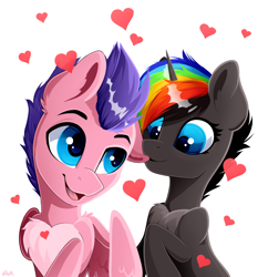 Size: 4000x4300 | Tagged: safe, artist:rainbowfire, imported from derpibooru, oc, oc:rainbow fire, pegasus, pony, unicorn, biting, blue eyes, chest fluff, couple, cute, female, heart, holiday, looking at you, love, lover, male, mare, smiling, smiling at you, stallion, valentine's day, valentine's day card