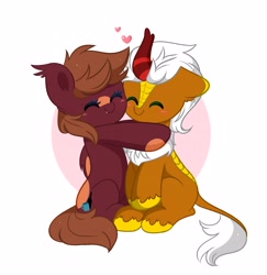 Size: 3892x4006 | Tagged: safe, artist:kittyrosie, imported from derpibooru, oc, oc only, oc:cocoa buei, oc:verdant pyre, bat pony, kirin, bat pony oc, blushing, commission, cute, duo, eyes closed, floating heart, heart, holiday, hug, kirin oc, valentine's day, ych result