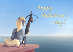 Size: 2384x1686 | Tagged: safe, artist:colourwave, imported from derpibooru, derpy hooves, pegasus, pony, arrow, crossbow, day, female, happy valentines day, heart, holiday, ocean, ponified, sitting, valentine's day, water, weapon