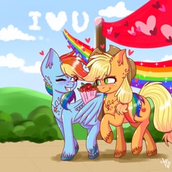 Size: 1280x1280 | Tagged: safe, artist:galaxy swirl, imported from derpibooru, applejack, rainbow dash, earth pony, pegasus, pony, appledash, bouquet of flowers, female, floating heart, flower, heart, hearts and hooves day, holiday, i <3 u, jewelry, lesbian, necklace, one eye closed, rainbow, rose, shipping, skywriting, valentine's day, wing hold, wings, wink