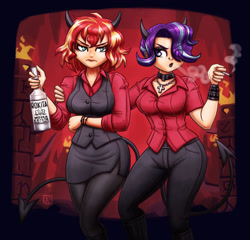 Size: 1280x1230 | Tagged: safe, artist:king-kakapo, imported from derpibooru, starlight glimmer, sunset shimmer, human, alcohol, cigarette, clothes, commission, crossover, duo, duo female, female, fire, helltaker, horns, humanized, malina (helltaker), polish, smoking, tail, vodka, zdrada (helltaker)