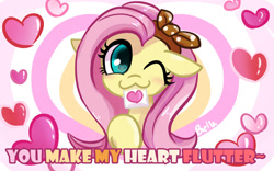 Size: 1280x800 | Tagged: safe, artist:brella, imported from derpibooru, fluttershy, pegasus, pony, :3, cute, heart, hearts and hooves day, holiday, looking at you, love letter, mouth hold, one eye closed, shyabetes, solo, song reference, valentine's day, wink, winking at you