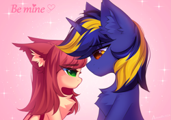 Size: 2409x1694 | Tagged: safe, artist:airiniblock, imported from derpibooru, oc, oc only, oc:airi, oc:vajr, bat pony, pony, unicorn, duo, female, floating heart, heart, heart eyes, hearts and hooves day, holiday, male, oc x oc, rcf community, shipping, straight, vairi, valentine's day, wingding eyes