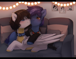 Size: 1989x1544 | Tagged: safe, artist:anku, imported from derpibooru, oc, oc only, earth pony, pegasus, pony, clothes, collar, commission, couch, couple, duo, string lights