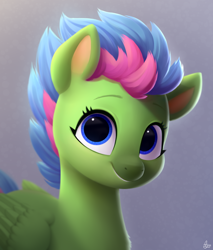 Size: 850x1000 | Tagged: safe, artist:luminousdazzle, imported from derpibooru, pegasus, pony, blue eyes, bust, digital art, eyebrows, eyelashes, female, folded wings, grin, looking at you, luminous dazzle, mare, semi-realistic, signature, simple background, smiling, smiling at you, solo, wings