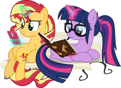 Size: 3000x2181 | Tagged: safe, artist:sketchmcreations, imported from derpibooru, sci-twi, sunset shimmer, twilight sparkle, pony, unicorn, equestria girls, bench, bibliophile, book, book of harmony, bookworm, cellphone, duo, equestria girls ponified, female, glasses, glowing, glowing horn, horn, lesbian, looking at something, magic, mare, meme, phone, ponified, ponytail, reading, scitwishimmer, shipping, simple background, sitting, sitting lyra, smartphone, smiling, sunsetsparkle, telekinesis, transparent background, unicorn sci-twi, vector