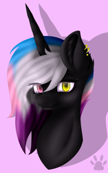 Size: 1941x3090 | Tagged: safe, artist:maneblue, imported from derpibooru, oc, oc only, pony, unicorn, bust, ear piercing, earring, female, heterochromia, horn, jewelry, mare, paw prints, piercing, pink background, simple background, solo, unicorn oc