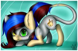 Size: 3023x1983 | Tagged: safe, artist:maneblue, imported from derpibooru, oc, oc only, earth pony, pony, abstract background, ear fluff, earth pony oc, face down ass up, female, heterochromia, leonine tail, mare, paw prints, solo, tail