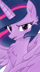 Size: 1080x1920 | Tagged: safe, artist:sallyso, imported from derpibooru, twilight sparkle, alicorn, pony, the last problem, bust, chest fluff, ear fluff, female, frown, mare, older, older twilight, princess twilight 2.0, solo, twilight sparkle (alicorn)