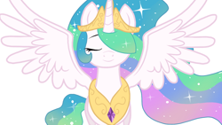 Size: 1280x720 | Tagged: safe, artist:sallyso, imported from derpibooru, princess celestia, alicorn, pony, bust, ethereal mane, female, hair over one eye, jewelry, mare, peytral, simple background, smiling, solo, spread wings, starry mane, tiara, white background, wings