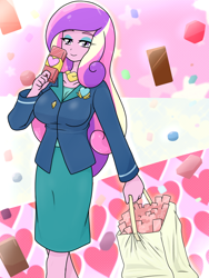 Size: 1668x2224 | Tagged: safe, artist:batipin, imported from derpibooru, princess cadance, equestria girls, bag, breasts, busty princess cadance, chocolate, chocolate bar, dean cadance, female, food, heart, holiday, lidded eyes, looking at you, solo, valentine's day