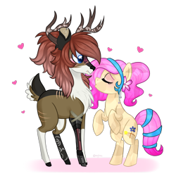 Size: 3700x3700 | Tagged: safe, artist:kaikururu, imported from derpibooru, oc, crystal pony, deer, earth pony, pony, antlers, deer oc, duo, oc x oc, rearing, shipping, simple background, transparent background