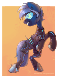 Size: 2381x3118 | Tagged: safe, artist:yarugreat, imported from derpibooru, oc, oc:dark straw, pony, zebra, armor, commission, female, glasses, neon, simple background, solo, ych result