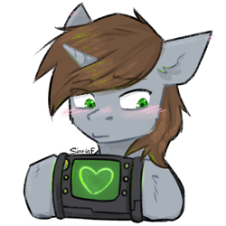 Size: 1024x1024 | Tagged: safe, artist:sinrinf, imported from derpibooru, oc, oc only, oc:littlepip, pony, unicorn, fallout equestria, blushing, holiday, pipbuck, simple background, solo, valentine's day, white background