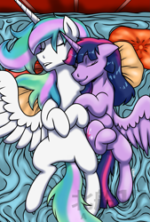 Size: 1693x2498 | Tagged: safe, imported from derpibooru, princess celestia, twilight sparkle, alicorn, pony, cute, cutelestia, eyes closed, female, future, hooves to the chest, lesbian, love, lying down, on back, purple, shipping, sleeping, smiling, spread wings, twilestia, wings