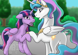 Size: 2710x1916 | Tagged: safe, imported from derpibooru, princess celestia, twilight sparkle, alicorn, canterlot, confession, female, lesbian, looking at each other, looking at someone, love, raised hoof, shipping, twilestia, twilight sparkle (alicorn)