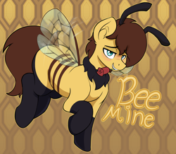 Size: 2538x2211 | Tagged: safe, artist:czu, imported from derpibooru, oc, oc only, bee pony, original species, blushing, ear fluff, flower, holiday, pun, rose, solo, valentine's day